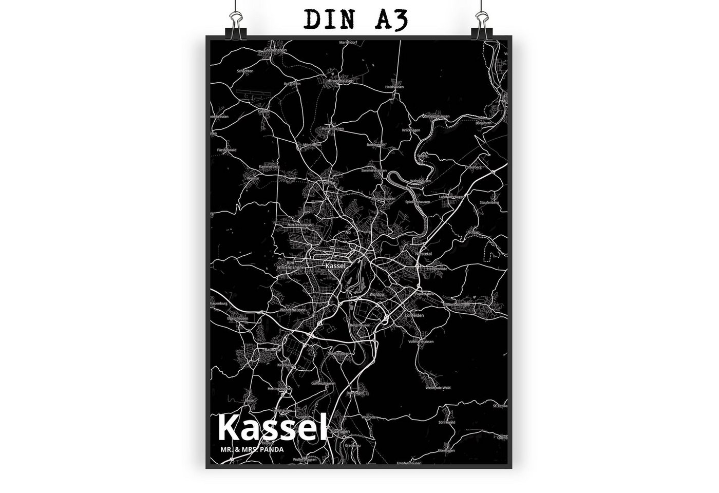 Mr. & Mrs. Panda Poster DIN A3 Kassel - Geschenk, Städte, Kunstdruck, Bild, Stadt Dorf Karte, Stadt Black (1 St), Lebensfrohes Design von Mr. & Mrs. Panda