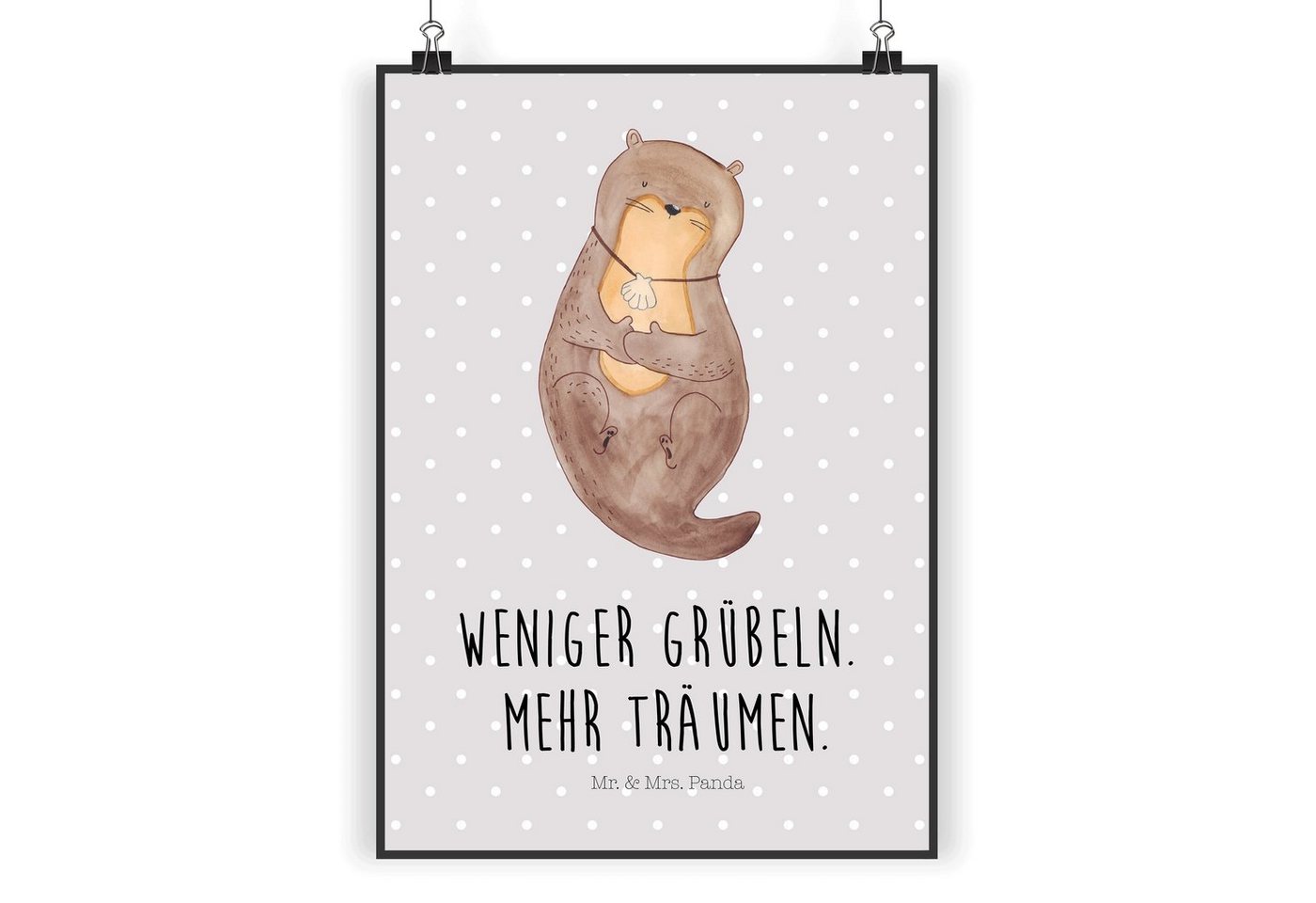 Mr. & Mrs. Panda Poster DIN A3 Otter Muschel - Grau Pastell - Geschenk, Seeotter, niedlich, K, Otter mit Muschelmedaillon (1 St), Lebensfrohes Design von Mr. & Mrs. Panda