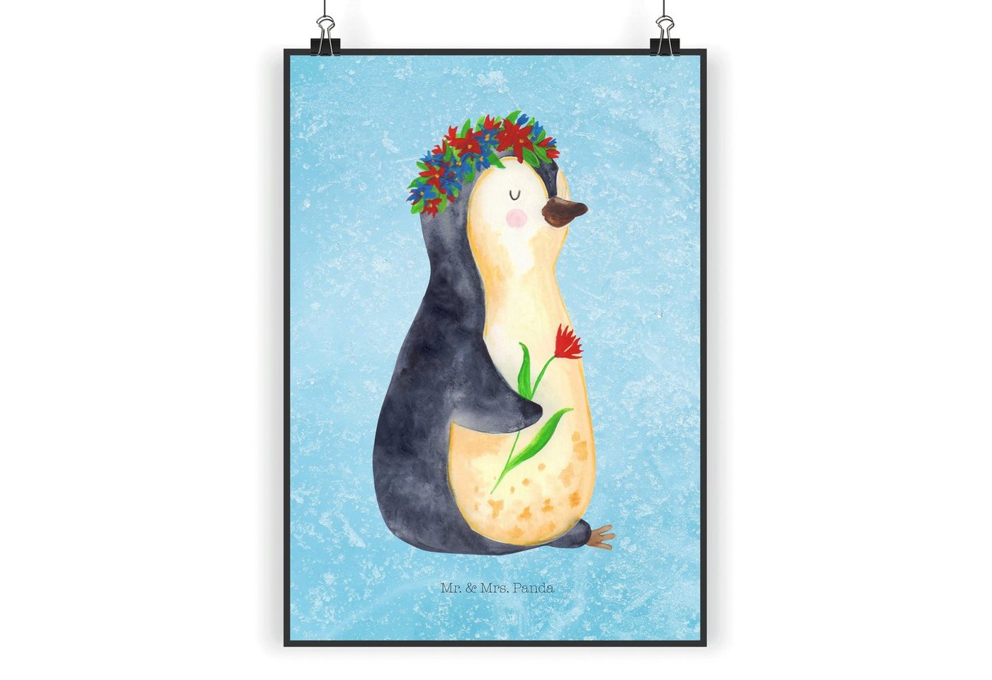 Mr. & Mrs. Panda Poster DIN A3 Pinguin Blumen - Eisblau - Geschenk, Wandposter, Designposter, Pinguin Blumenkranz (1 St), Lebensfrohes Design von Mr. & Mrs. Panda
