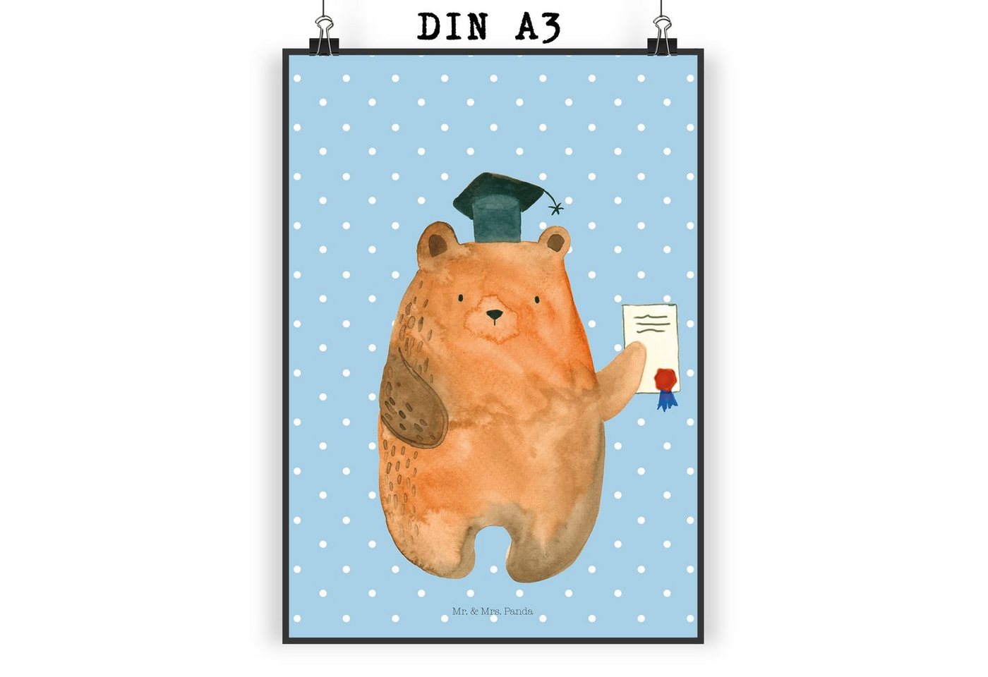 Mr. & Mrs. Panda Poster DIN A3 Bär Prüfung - Blau Pastell - Geschenk, Bild, Teddybär, Wandpos, Prüfungsbär (1 St), Kunstvoller Druck von Mr. & Mrs. Panda