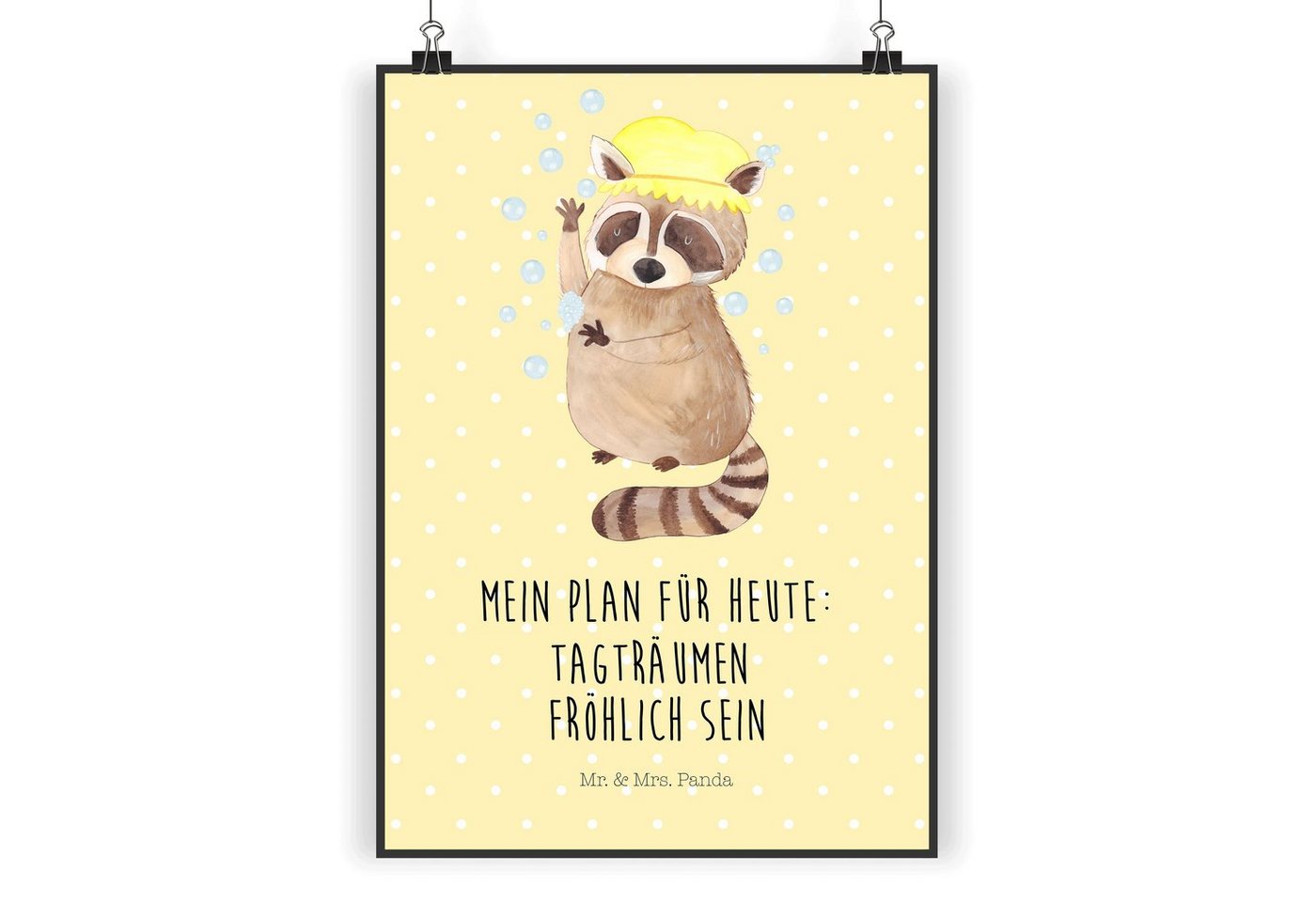 Mr. & Mrs. Panda Poster DIN A3 Waschbär - Gelb Pastell - Geschenk, waschen, Wandposter, Bild, Waschbär (1 St) von Mr. & Mrs. Panda