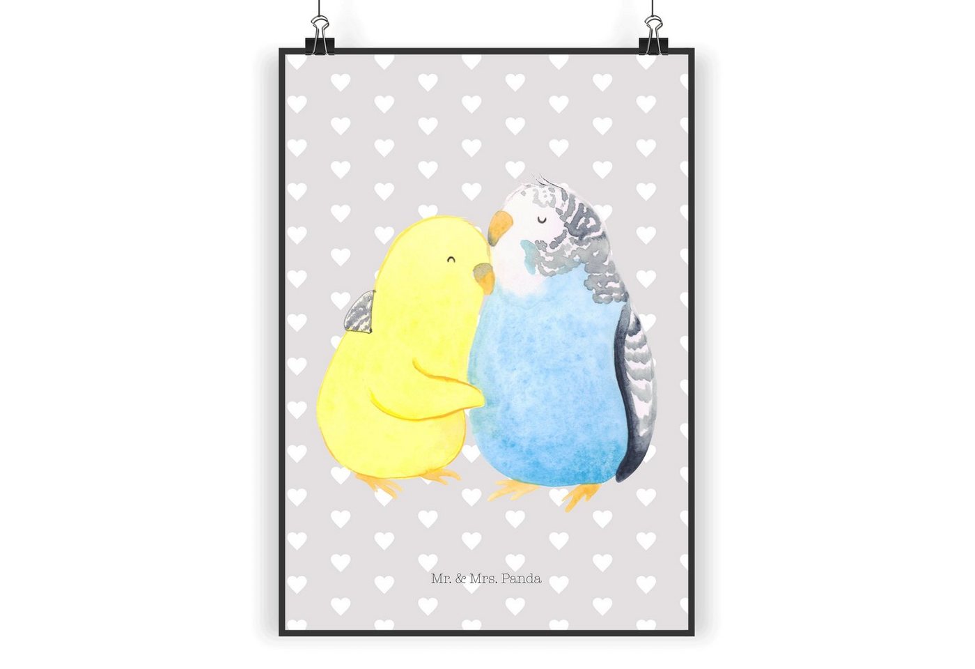 Mr. & Mrs. Panda Poster DIN A3 Wellensittich Liebe - Grau Pastell - Geschenk, Vögel, Poster, Wellensittich Liebe (1 St), Edler Druck von Mr. & Mrs. Panda