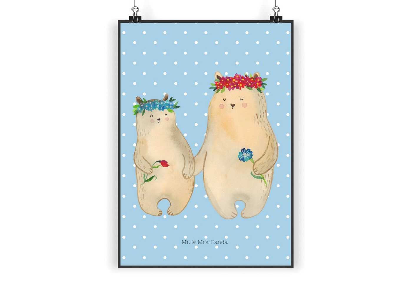 Mr. & Mrs. Panda Poster DIN A4 Bären mit Blumenkranz - Blau Pastell - Geschenk, Tochter, Kind, Bären mit Blumenkranz (1 St), Lebendige Farben von Mr. & Mrs. Panda