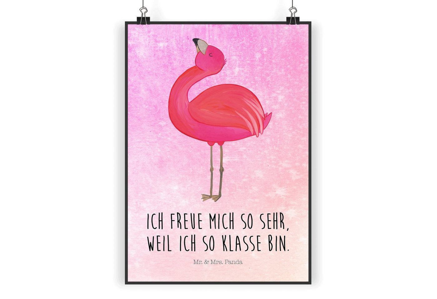 Mr. & Mrs. Panda Poster DIN A4 Flamingo Stolz - Aquarell Pink - Geschenk, Wanddeko Bild, Selb, Flamingo stolz (1 St), Handgemalte Motive von Mr. & Mrs. Panda