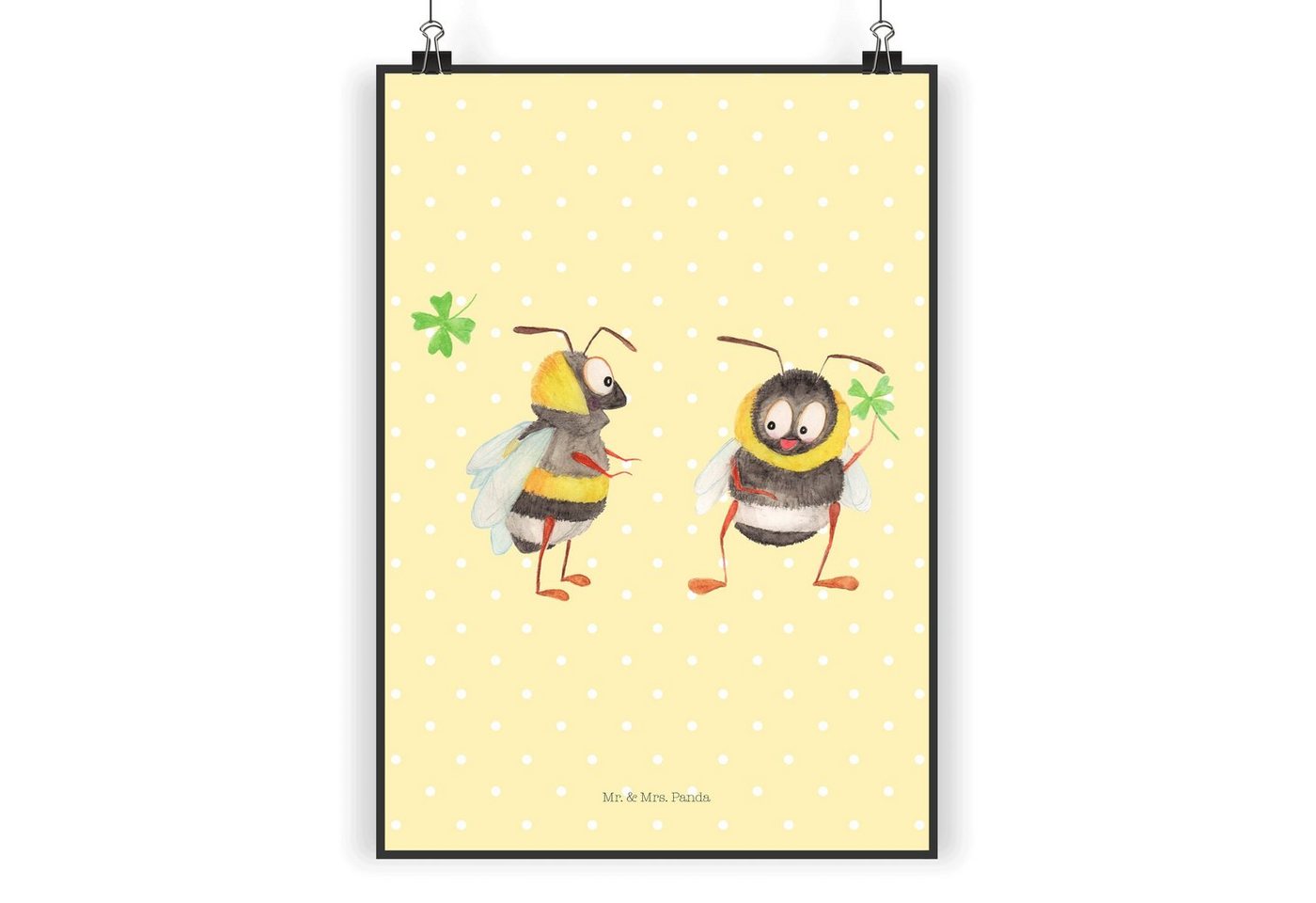 Mr. & Mrs. Panda Poster DIN A4 Hummeln Kleeblatt - Gelb Pastell - Geschenk, Poster, Küchenpos, Hummeln mit Kleeblatt (1 St), Designvielfalt von Mr. & Mrs. Panda