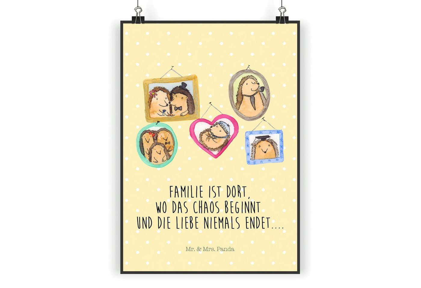 Mr. & Mrs. Panda Poster DIN A4 Igel Familie - Gelb Pastell - Geschenk, Bruder, Küchenposter, Igel Familie (1 St) von Mr. & Mrs. Panda