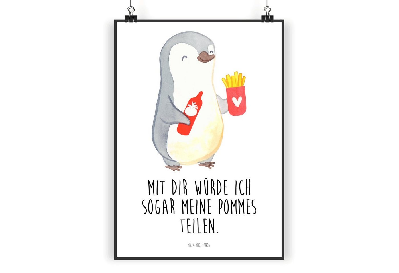 Mr. & Mrs. Panda Poster DIN A4 Pinguin Pommes - Weiß - Geschenk, Kunstdruck, Jahrestag, Gesch, Pinguin Pommes (1 St), Designvielfalt von Mr. & Mrs. Panda