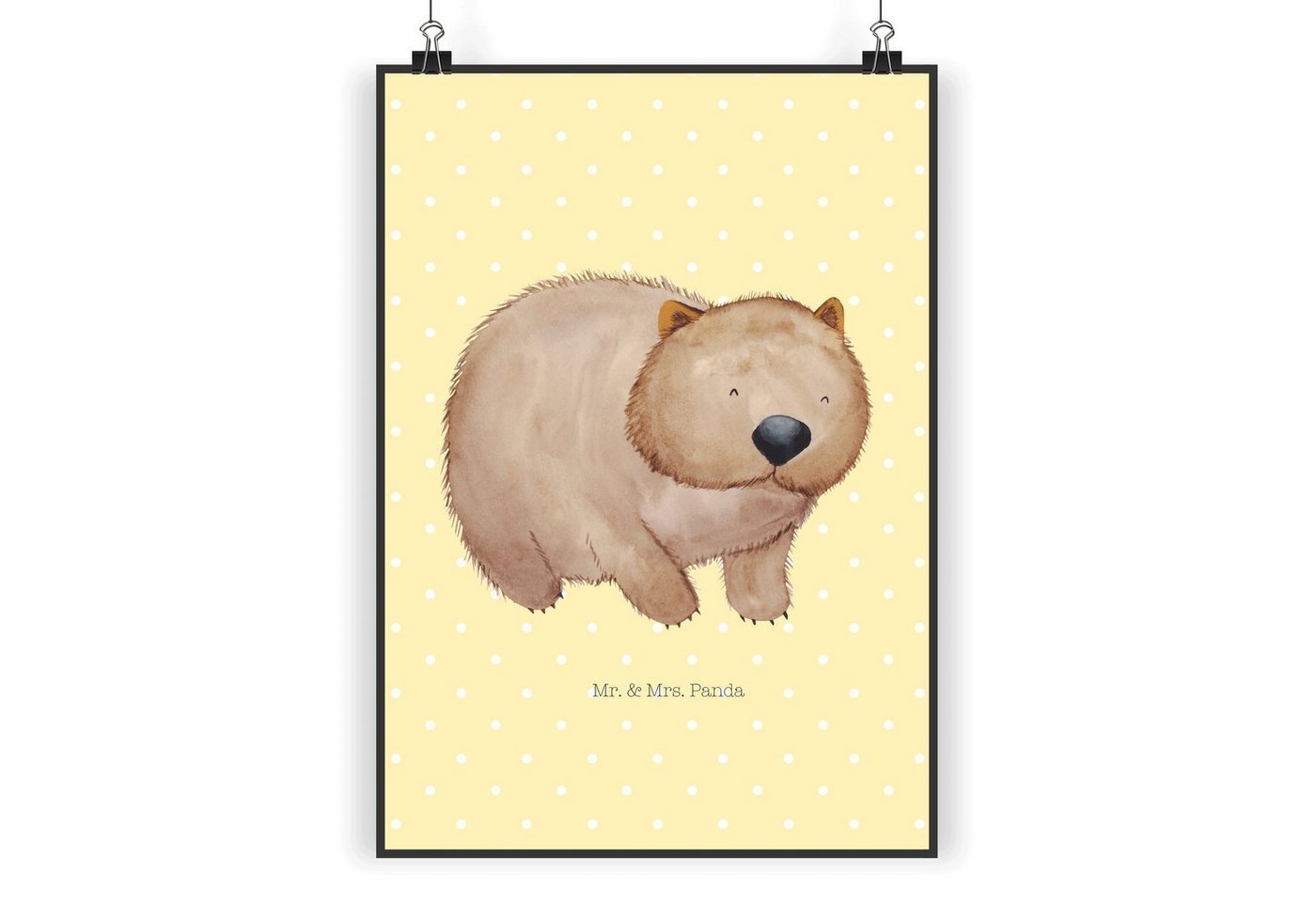Mr. & Mrs. Panda Poster DIN A4 Wombat - Gelb Pastell - Geschenk, Küchenposter, Wanddeko, Post, Wombat (1 St), Positive Botschaften von Mr. & Mrs. Panda