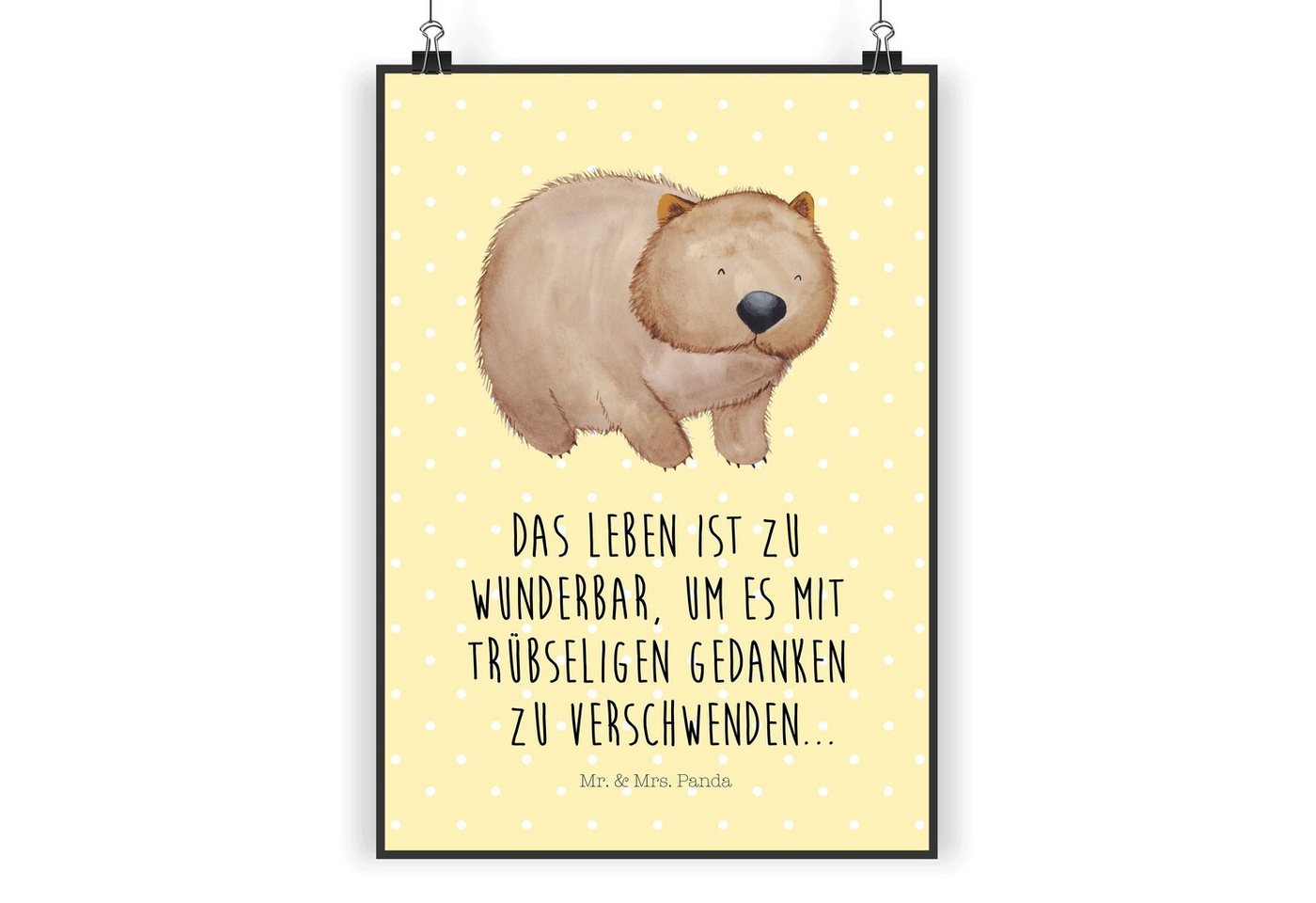 Mr. & Mrs. Panda Poster DIN A4 Wombat - Gelb Pastell - Geschenk, Wanddekoration, Poster, Desi, Wombat (1 St), Positive Botschaften von Mr. & Mrs. Panda