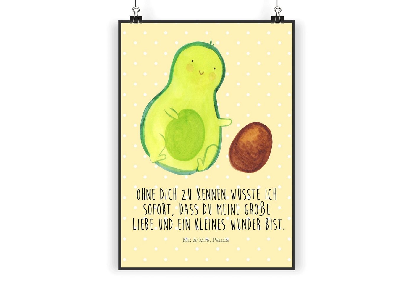 Mr. & Mrs. Panda Poster DIN A5 Avocado rollt Kern - Gelb Pastell - Geschenk, Veggie, Küchenpo, Avocado rollt Kern (1 St) von Mr. & Mrs. Panda