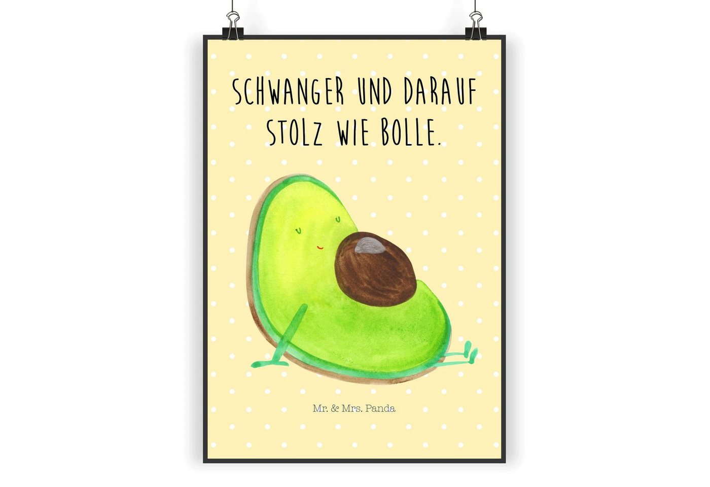 Mr. & Mrs. Panda Poster DIN A5 Avocado schwanger - Gelb Pastell - Geschenk, Veggie, Wanddeko, Avocado schwanger (1 St) von Mr. & Mrs. Panda