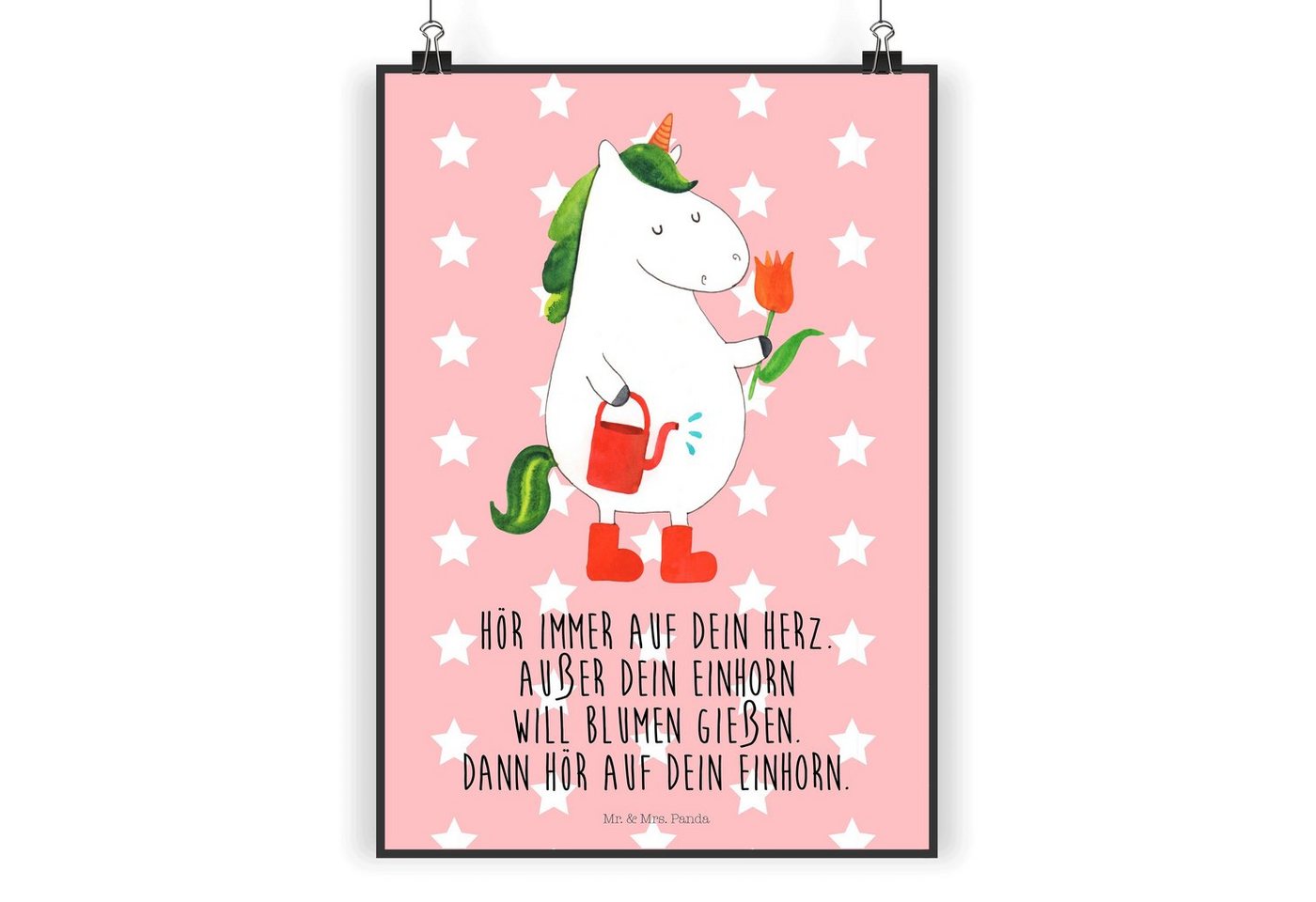 Mr. & Mrs. Panda Poster DIN A5 Einhorn Gärtner - Rot Pastell - Geschenk, Blume, Bild, Raumdek, Einhorn Gärtner (1 St), Lebendige Farben von Mr. & Mrs. Panda