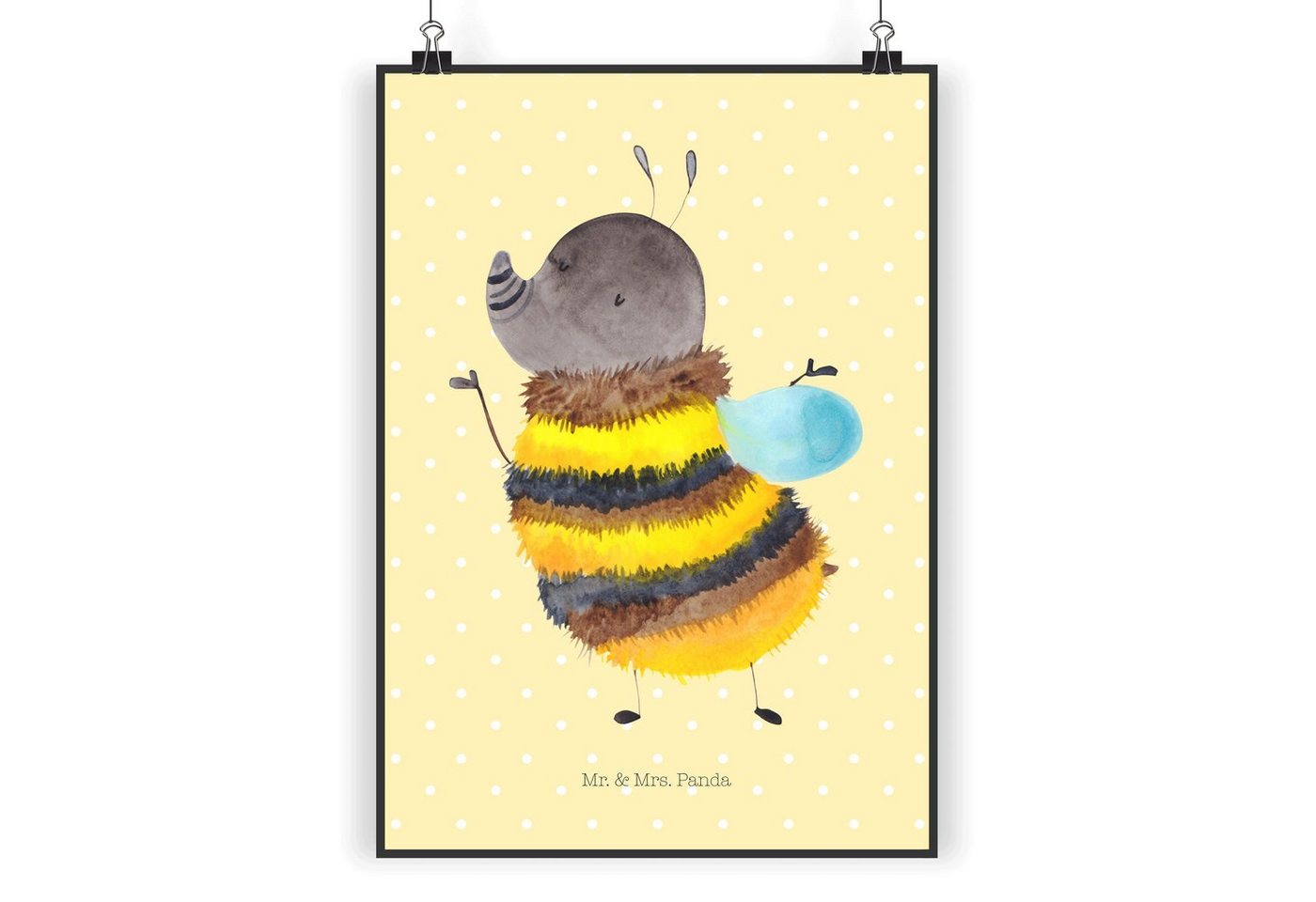 Mr. & Mrs. Panda Poster DIN A5 Hummel flauschig - Gelb Pastell - Geschenk, Tiere, Wanddeko Bi, Hummel flauschig (1 St), Detailreiche Motive von Mr. & Mrs. Panda