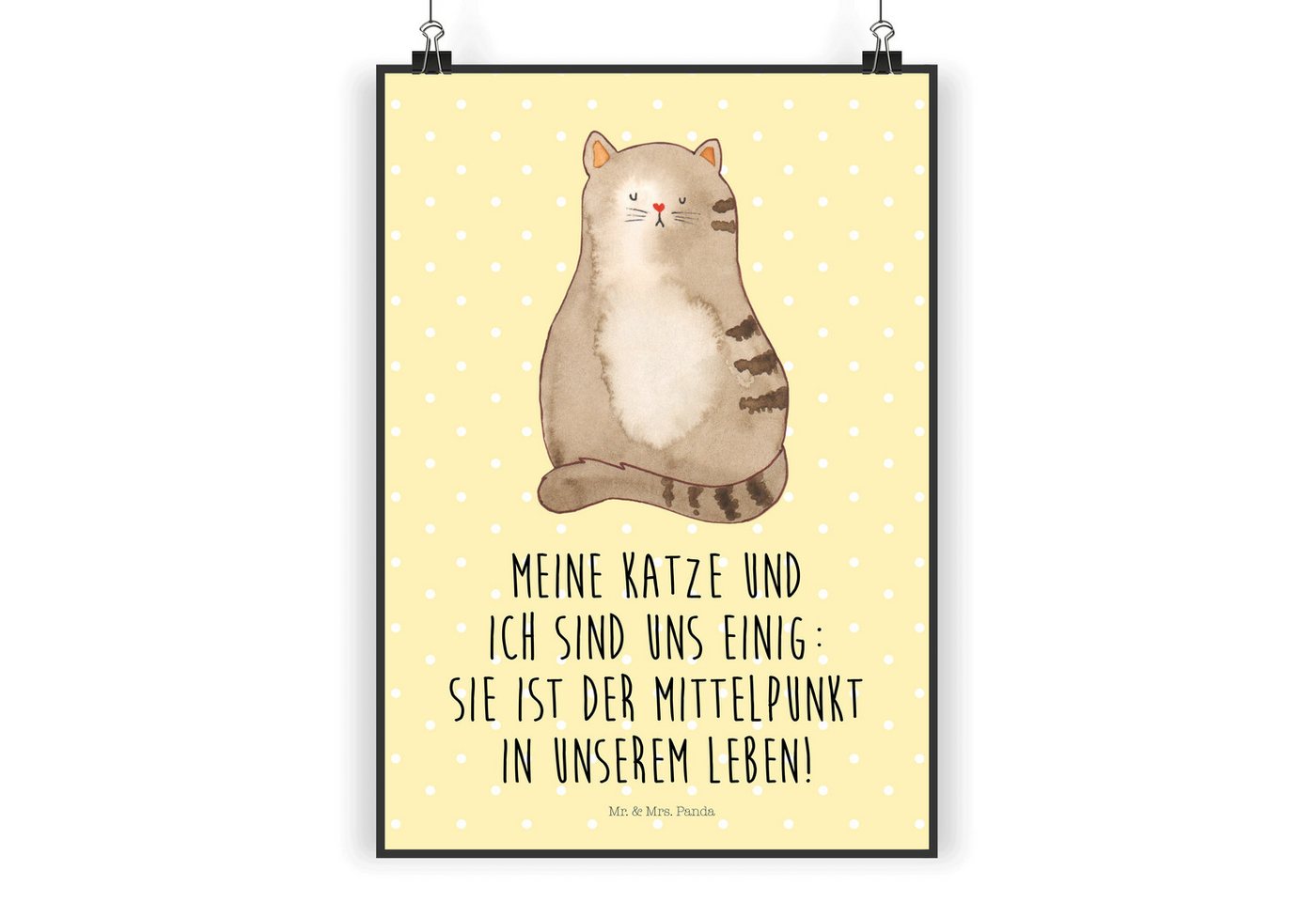 Mr. & Mrs. Panda Poster DIN A5 Katze Sitzen - Gelb Pastell - Geschenk, Katzenfreund, Wanddeko, Katze sitzend (1 St), Detailreiche Motive von Mr. & Mrs. Panda