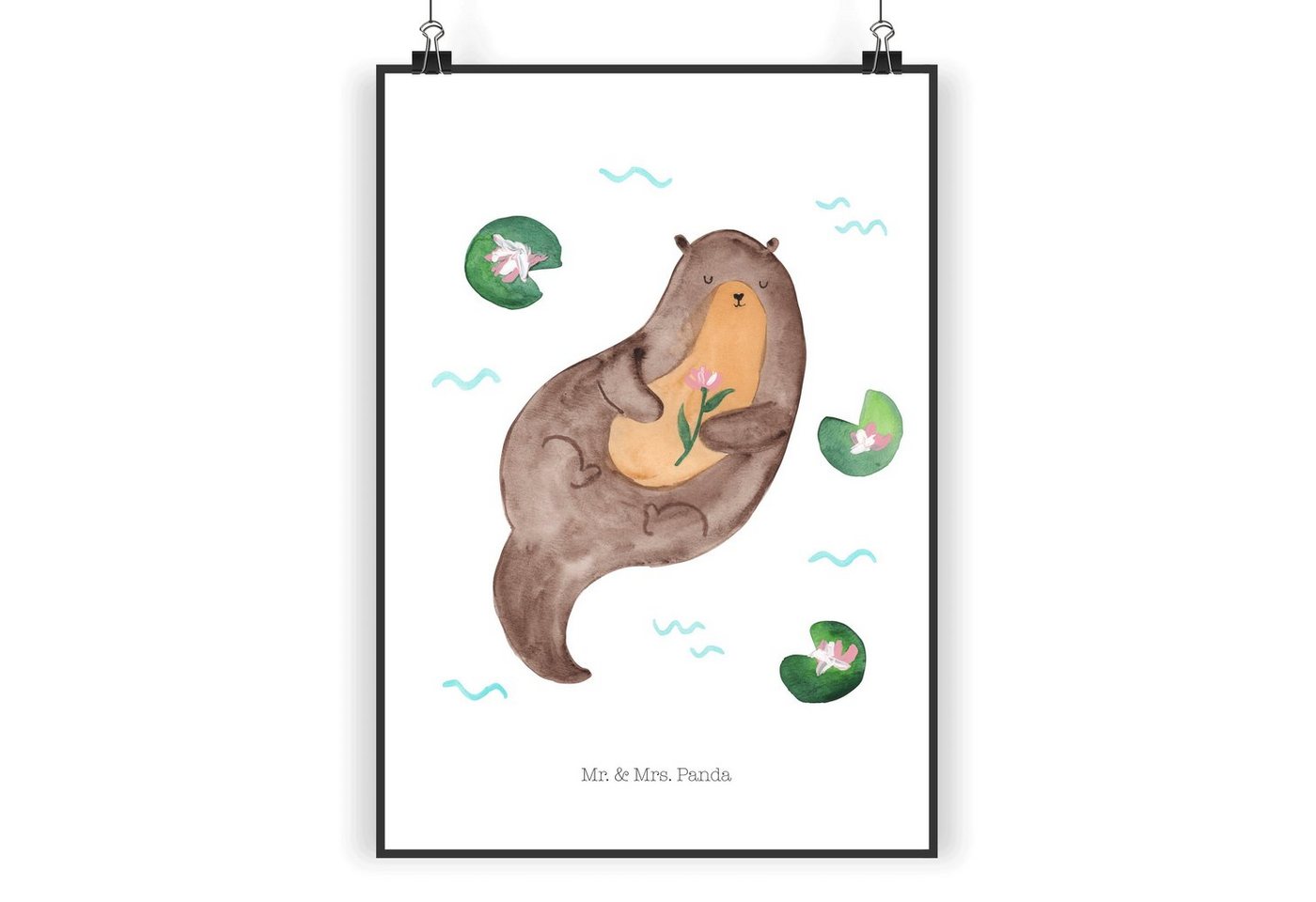 Mr. & Mrs. Panda Poster DIN A5 Otter mit Seerose - Weiß - Geschenk, Designposter, Wanddeko, W, Otter mit Seerose (1 St) von Mr. & Mrs. Panda