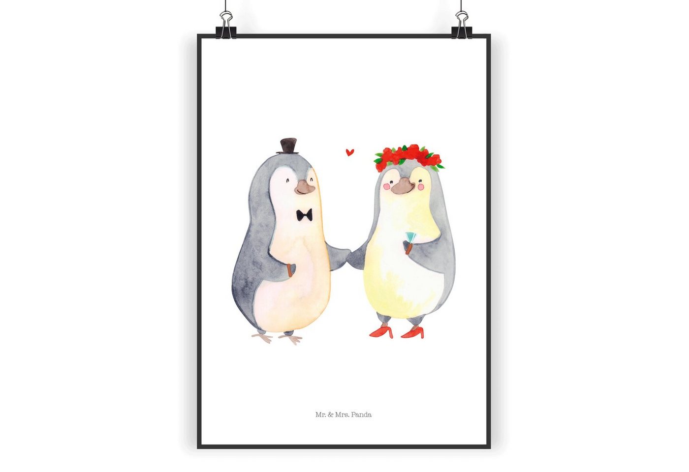 Mr. & Mrs. Panda Poster DIN A5 Pinguin Heirat - Weiß - Geschenk, Poster, Mr. & Mrs. Panda Pos, Pinguin Heirat (1 St), Detailreiche Motive von Mr. & Mrs. Panda