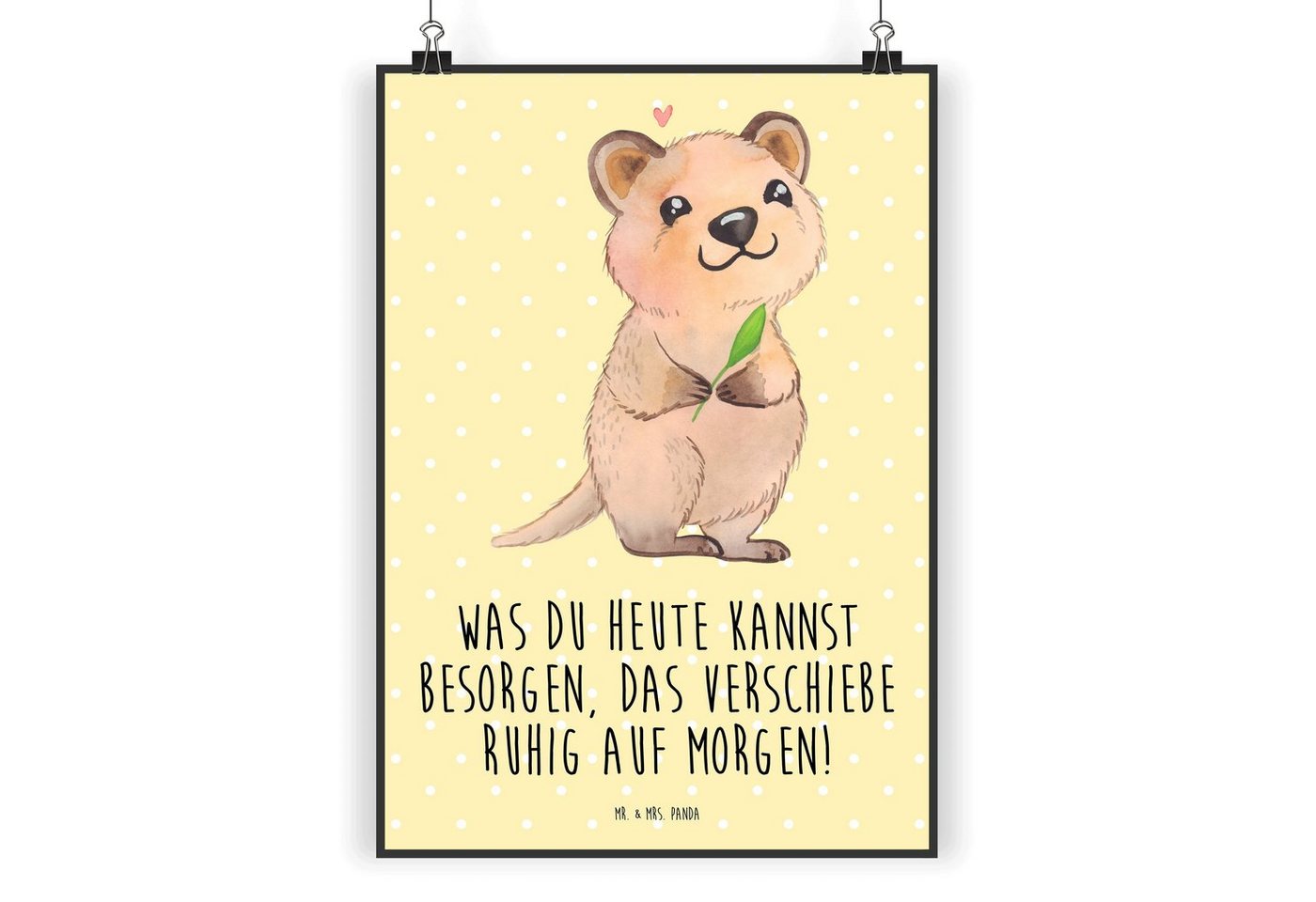 Mr. & Mrs. Panda Poster DIN A5 Quokka Happy - Gelb Pastell - Geschenk, Kunstdruck, Wandposter, Quokka Happy (1 St), Lebendige Farben von Mr. & Mrs. Panda