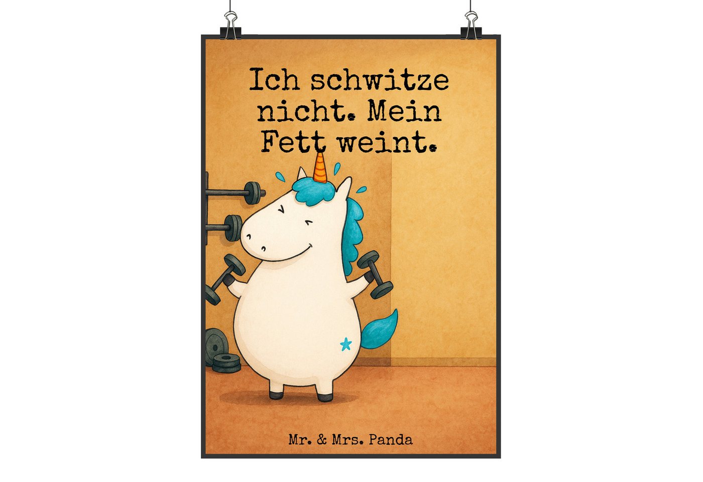 Mr. & Mrs. Panda Poster Einhorn Fitness Design DIN A0 - Weiß - Geschenk, Poster, Küchenposter, Einhorn Fitness (Packung, 1 St), Inspiration von Mr. & Mrs. Panda