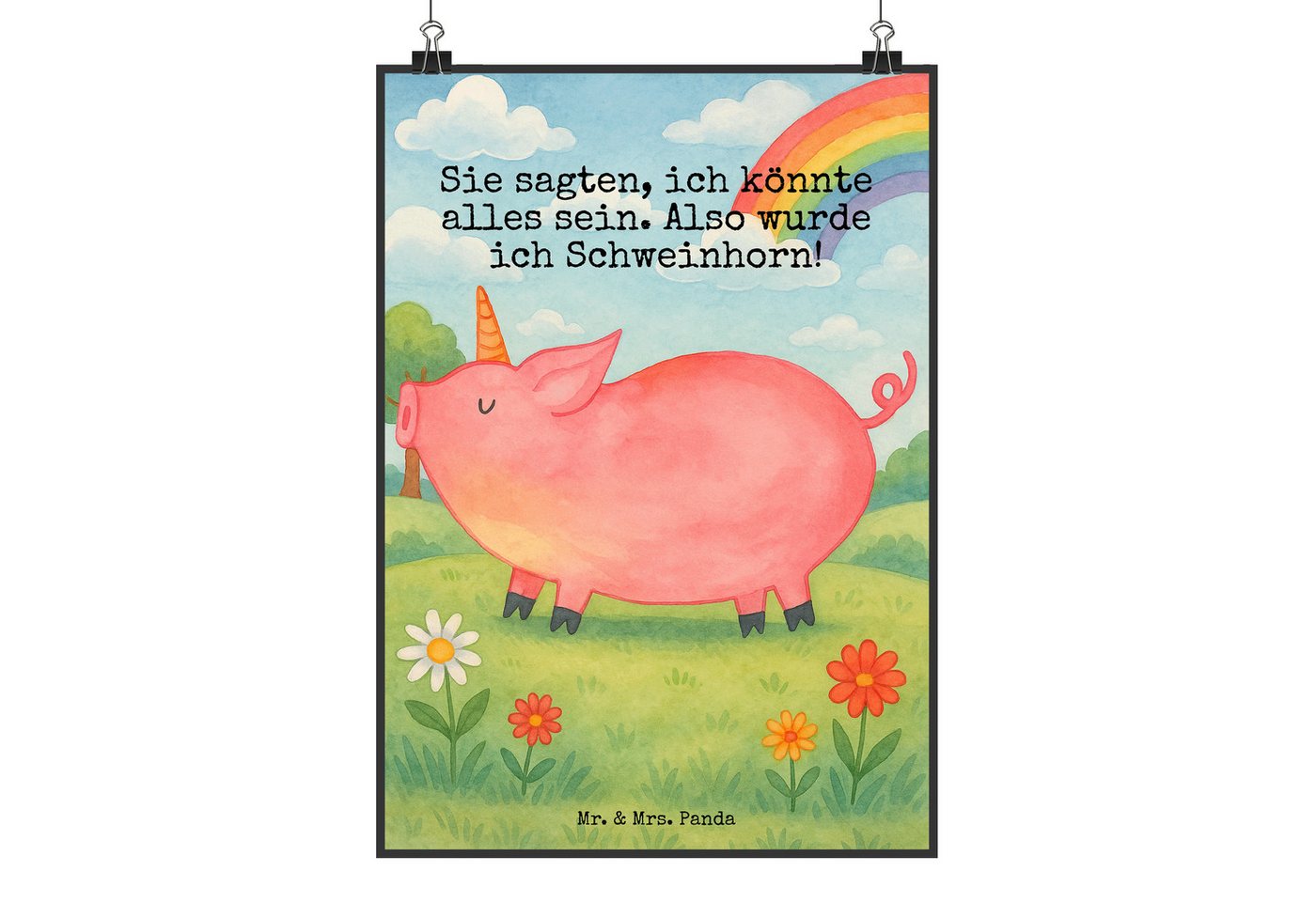 Mr. & Mrs. Panda Poster Einhorn Schwein Design DIN A4 - Weiß - Geschenk, Handgemaltes Poster, Einhorn Schweinhorn (Packung, 1 St), Langlebiger Druck von Mr. & Mrs. Panda