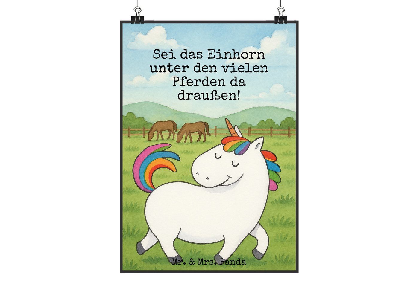 Mr. & Mrs. Panda Poster Einhorn Stolzieren Design DIN A2 - Weiß - Geschenk, Handgemaltes Post, Einhorn stolzierend (Packung, 1 St), Umweltfreundlich von Mr. & Mrs. Panda