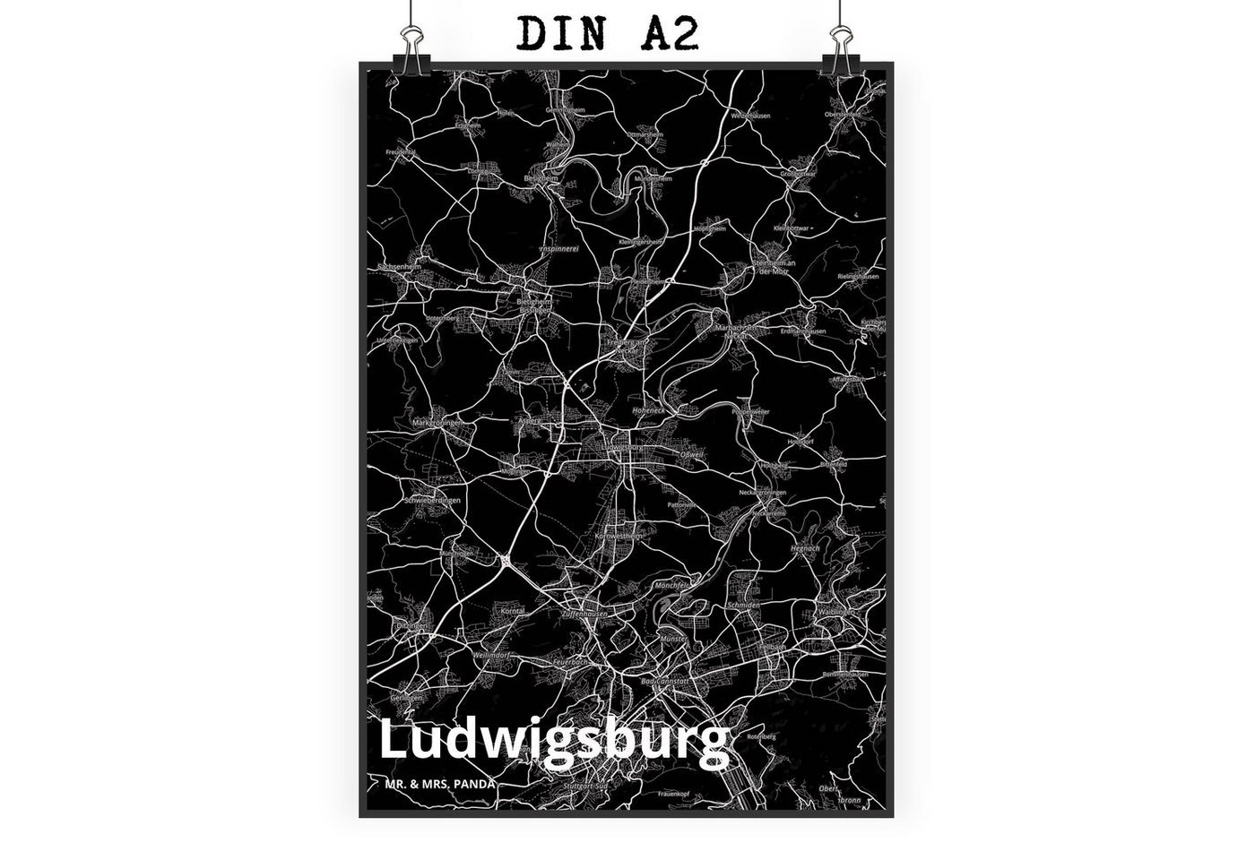 Mr. & Mrs. Panda Poster DIN A2 Ludwigsburg - Geschenk, Dorf, Raumdekoration, Stadt, Stadt Dor, Stadt Black (1 St) von Mr. & Mrs. Panda