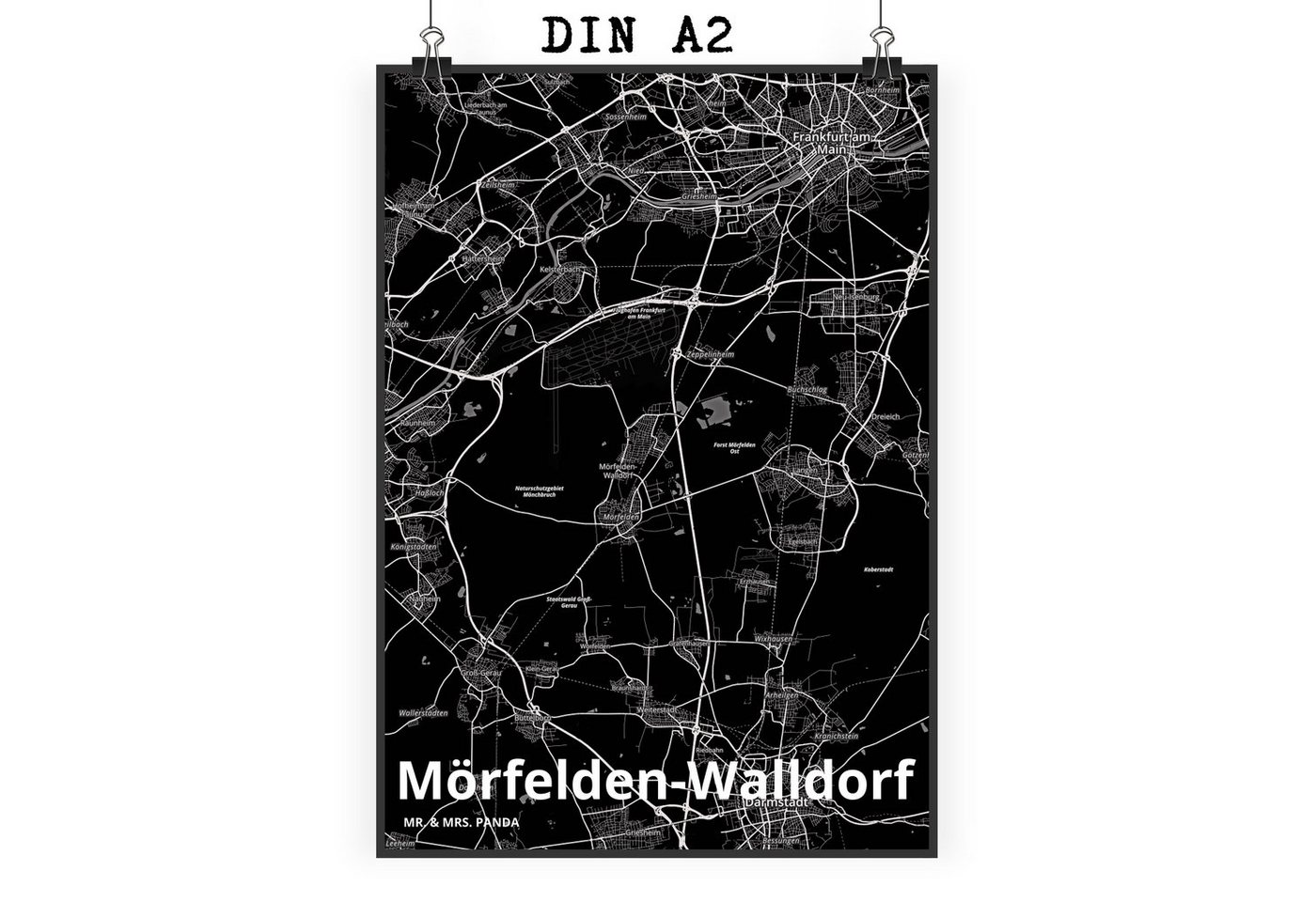 Mr. & Mrs. Panda Poster DIN A2 Mörfelden-Walldorf - Geschenk, Ort, Kinderposter, Stadt, Küche, Stadt Black (1 St) von Mr. & Mrs. Panda