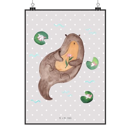 Mr. & Mrs. Panda Poster Otter Seerose DIN A4 - Geschenk, Wanddekoration, Seeotter, Otter Seeotter See Otter, Kunstdruck, Handgemaltes Poster, von Mr. & Mrs. Panda