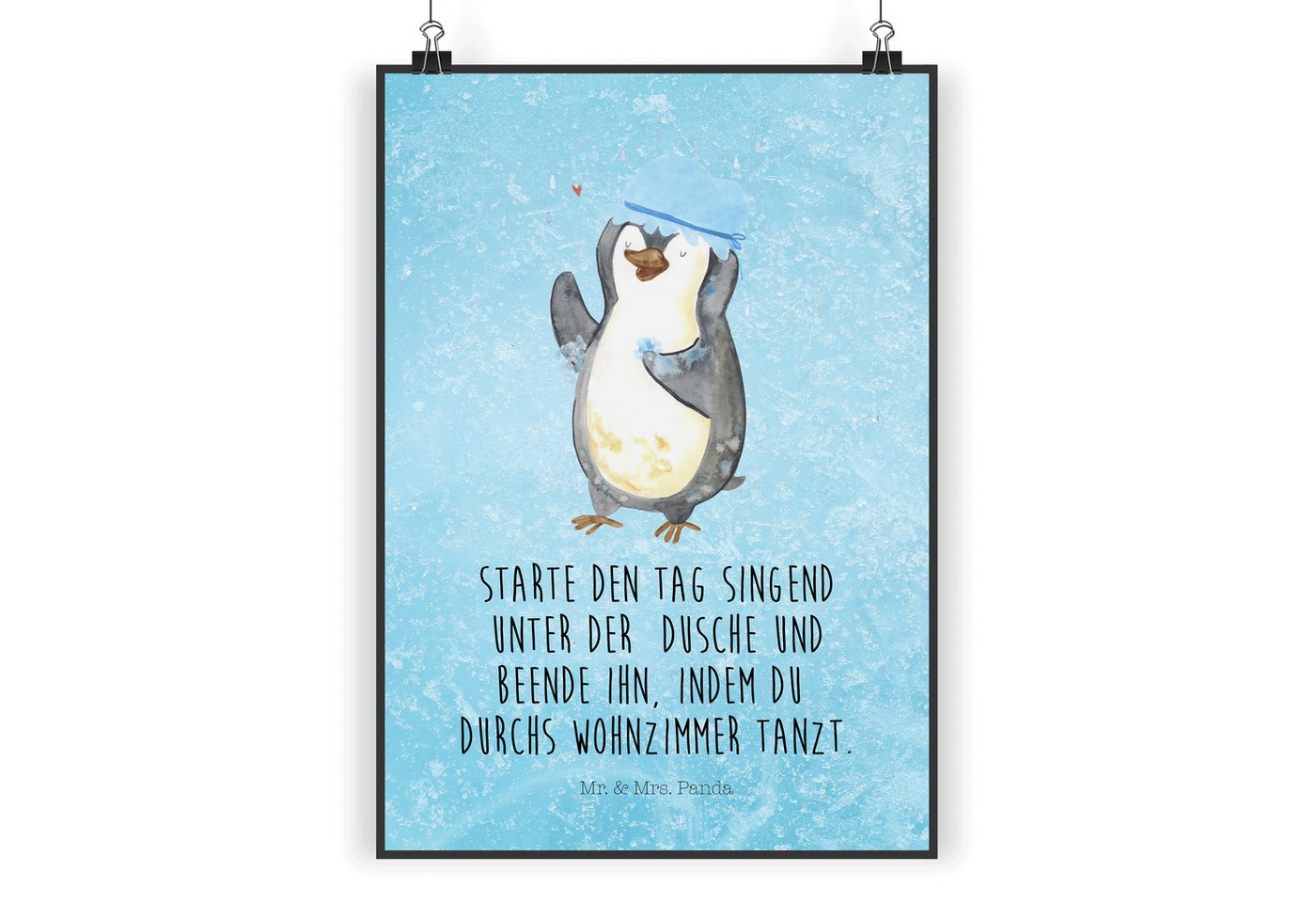Mr. & Mrs. Panda Poster Pinguin Duschen DIN A4 - Eisblau - Geschenk, Poster, glücklich sein, Pinguin duscht (Packung, 1 St), Langlebiger Druck von Mr. & Mrs. Panda
