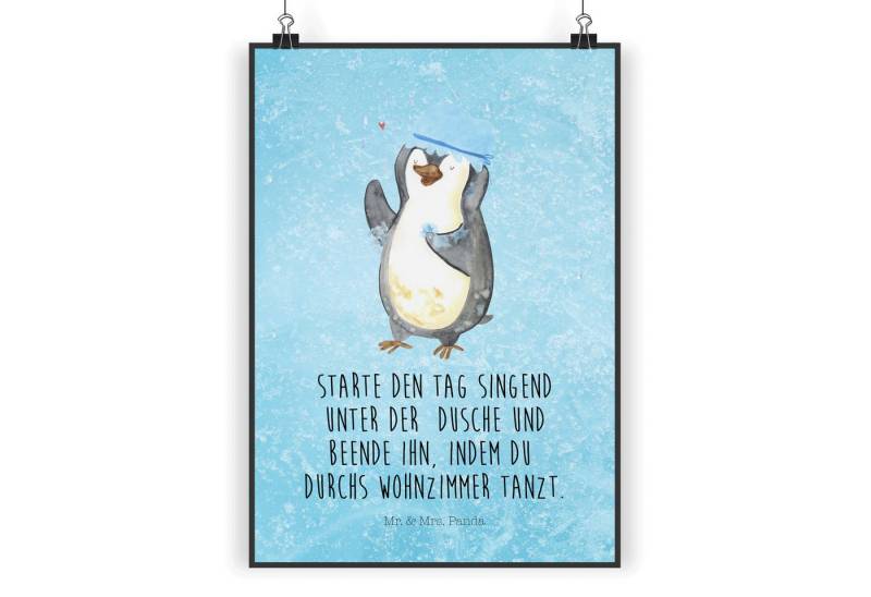 Mr. & Mrs. Panda Poster Pinguin Duschen DIN A4 - Eisblau - Geschenk, Poster, glücklich sein, Pinguin duscht (Packung, 1 St), Langlebiger Druck von Mr. & Mrs. Panda