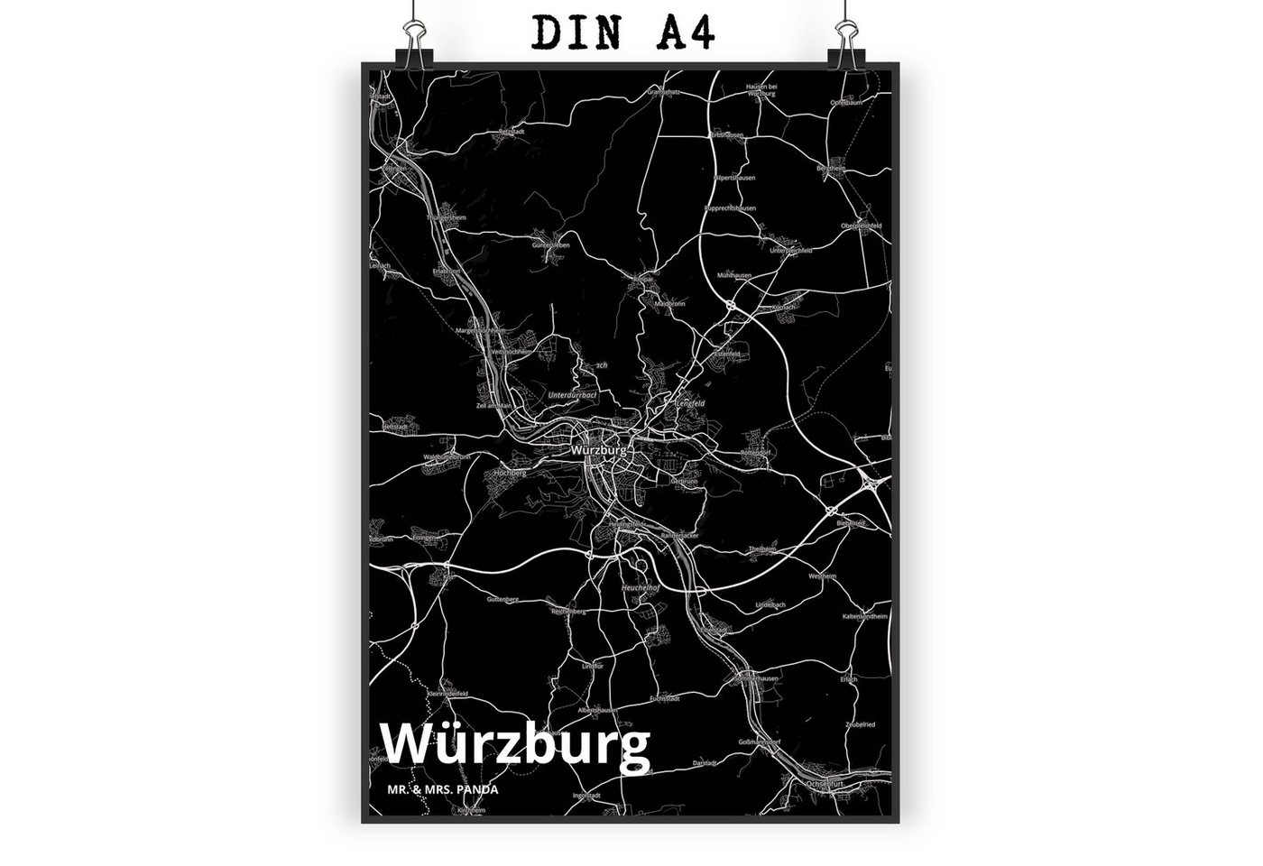 Mr. & Mrs. Panda Poster DIN A4 Würzburg - Geschenk, Ort, Dorf, Städte, Wanddeko Bild, Stadt, Stadt Black (1 St) von Mr. & Mrs. Panda