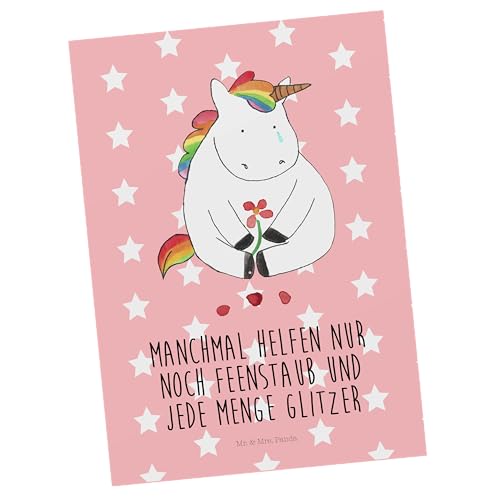 Mr. & Mrs. Panda Postkarte Einhorn Traurig - Geschenk, Einhörner, Unicorn, Geschenkkarte, Dankeskarte, Blume, Trösten. Freundschaft, Pegasus, von Mr. & Mrs. Panda