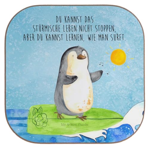 Mr. & Mrs. Panda Getränkeuntersetzer Pinguin Surfer - Geschenk, Hawaii, Wellen reiten, Wellen, Urlaub, Untersetzer aus Holz, Korkuntersetzer, von Mr. & Mrs. Panda