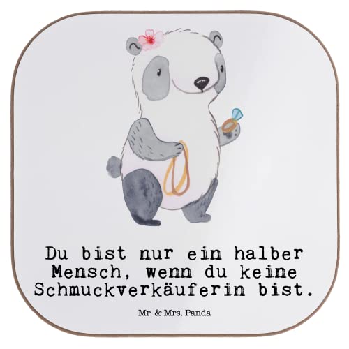 Mr. & Mrs. Panda Quadratische Untersetzer Schmuckverkäuferin mit Herz - Geschenk, Schmuckwarenhändler, Untersetzer Gläser, Juwelier, Schmied, Rente, von Mr. & Mrs. Panda