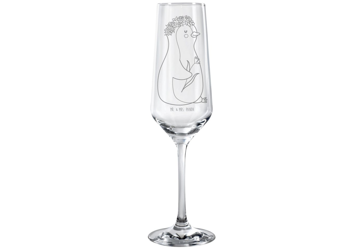 Mr. & Mrs. Panda Sektglas Pinguin Blumen - Transparent - Geschenk, Spülmaschinenfeste Sektgläse, Premium Glas, Persönliche Gravur von Mr. & Mrs. Panda