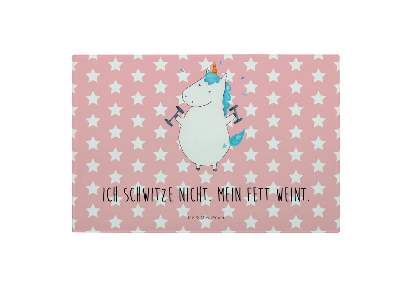 Mr. & Mrs. Panda Servierbrett Einhorn Fitness - Rot Pastell - Geschenk, Glasschneidebrett Dekorativ, Premium Glas, (Packung, 1-St., Medium Glas Schneidbrett Einhorn Fitness), Gravierte Motive von Mr. & Mrs. Panda