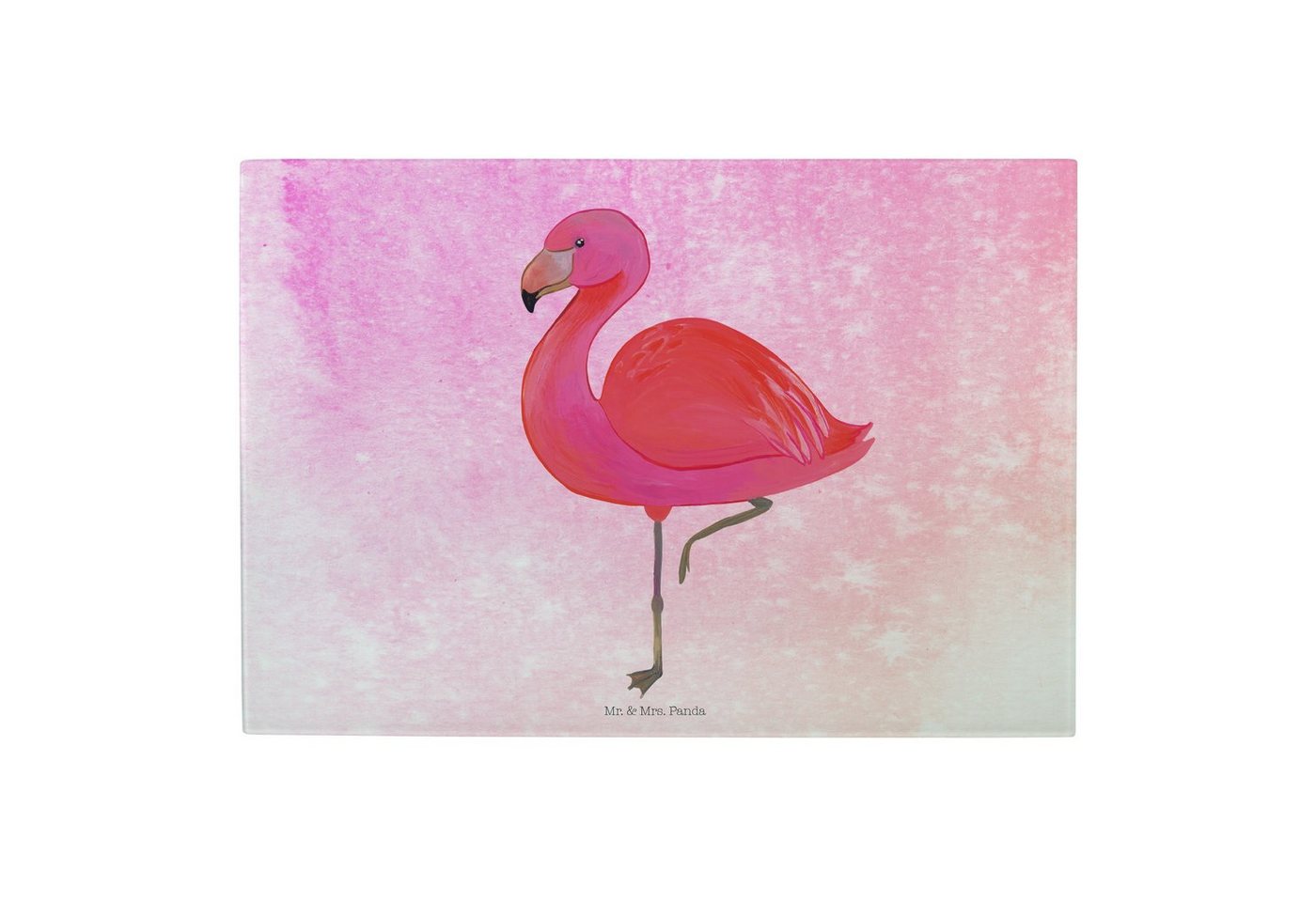 Mr. & Mrs. Panda Servierbrett Flamingo Classic - Aquarell Pink - Geschenk, Sohn, Freundinnen, einzi, Premium Glas, (1-St), Rutschfest durch Gummifüße von Mr. & Mrs. Panda