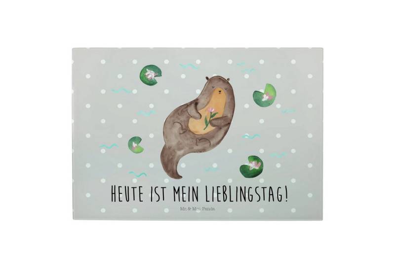 Mr. & Mrs. Panda Servierbrett Otter Seerose - Grau Pastell - Geschenk, Fisch, Glas Schneidebrett Wo, Premium Glas, (Packung, 1-St., Otter mit Seerose), Lebensmittelecht von Mr. & Mrs. Panda