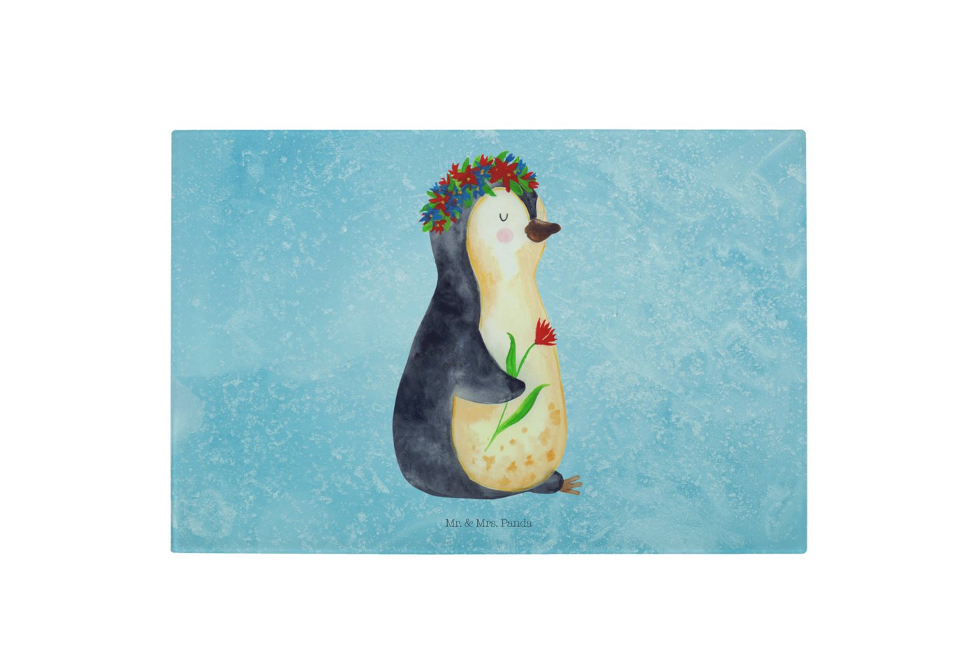 Mr. & Mrs. Panda Servierbrett Pinguin Blumen - Eisblau - Geschenk, Wünsche, Schneidebrett, Geschenk, Premium Glas, (1-St), Handgefertigte Gravuren von Mr. & Mrs. Panda