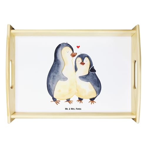Mr. & Mrs. Panda Serviertablett Pinguin umarmen - Geschenk, Holztablett, Frühstückstablett, glücklich, Küchentablett, Hochzeitsgeschenk, von Mr. & Mrs. Panda