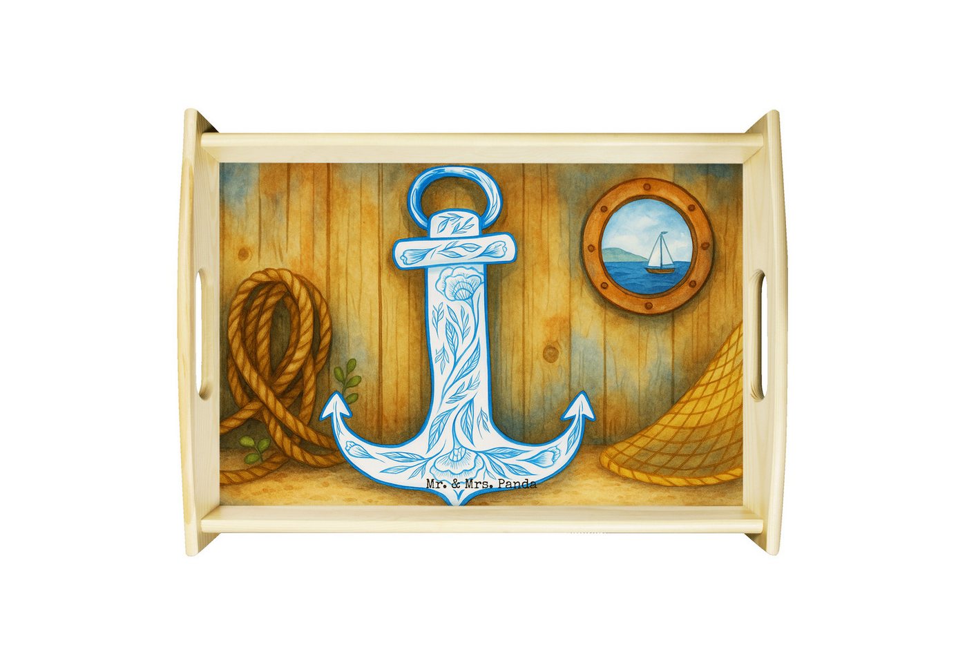 Mr. & Mrs. Panda Tablett Anker Blau Design, betttablett, Weiß, getränketablett, tablett zum se, Echtholz lasiert, (Packung, 1-tlg) von Mr. & Mrs. Panda