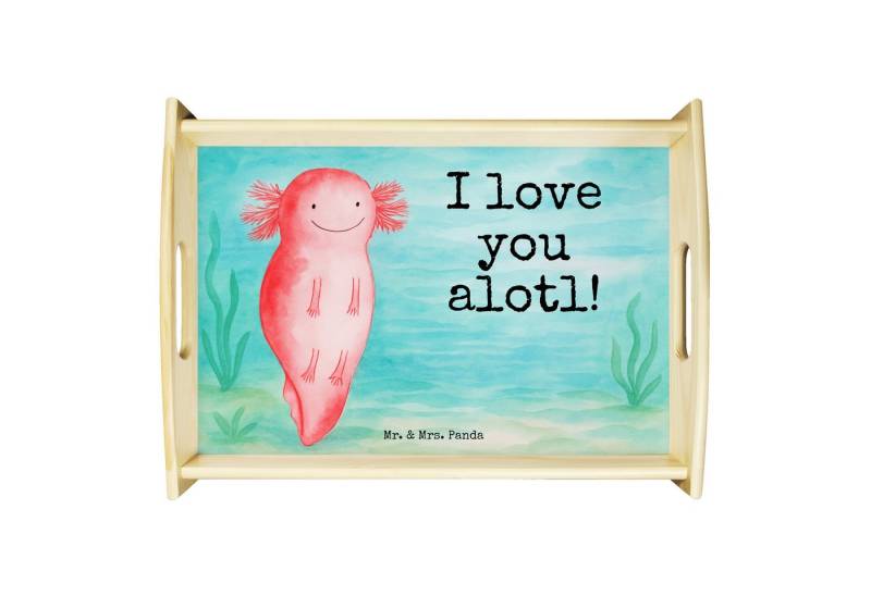 Mr. & Mrs. Panda Tablett Axolotl Liebe Design, Küchentablett, Weiß, Ehefrau, Serviertablett, s, Echtholz lasiert, (Packung, 1-tlg), Küchentablett Serviertablett Dekotablett von Mr. & Mrs. Panda