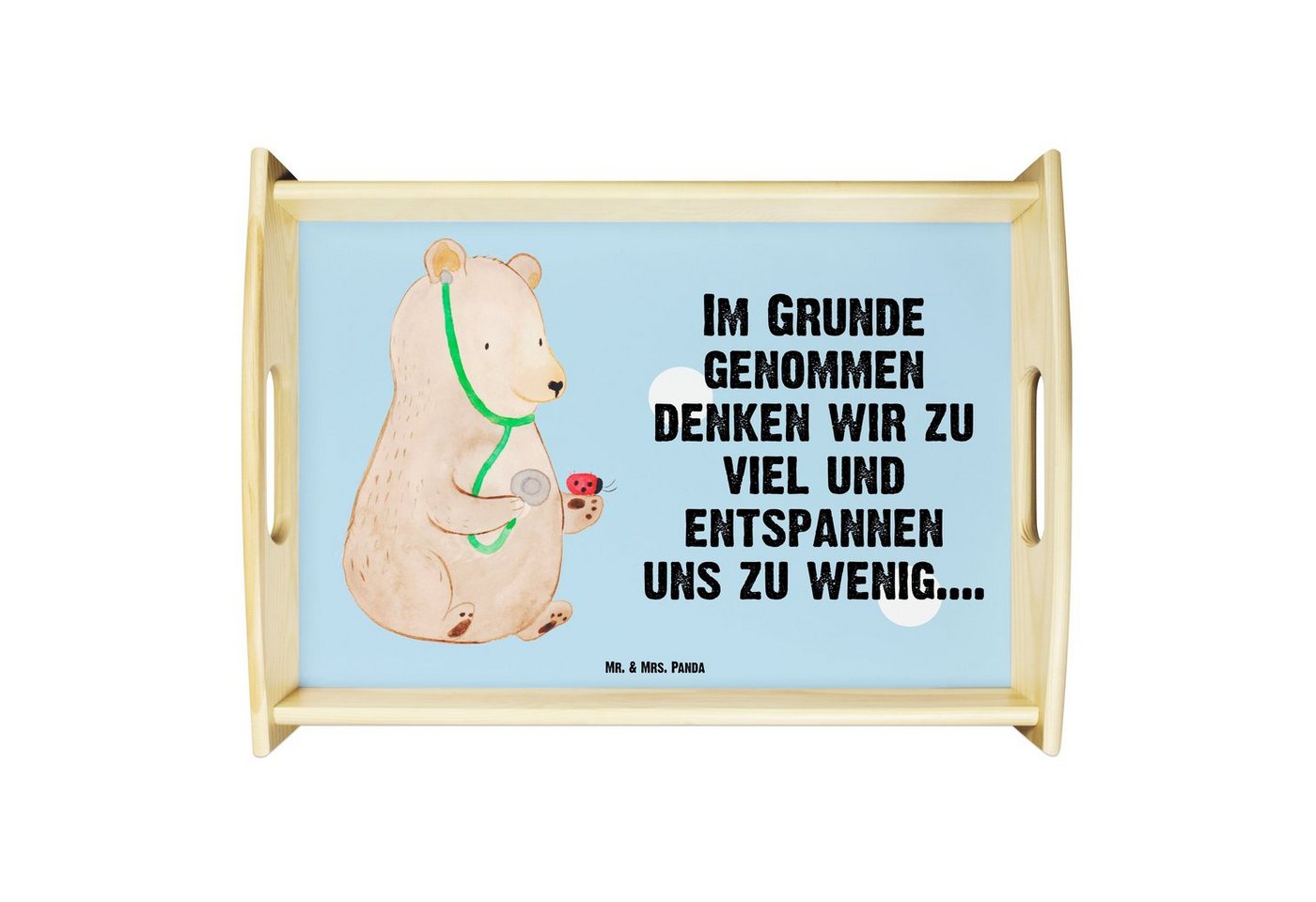 Mr. & Mrs. Panda Tablett Bär Arzt - Blau Pastell - Geschenk, Teddybär, Frühstückstablett, Deko, Echtholz lasiert, (1-tlg), Anti-Rutsch Pads von Mr. & Mrs. Panda