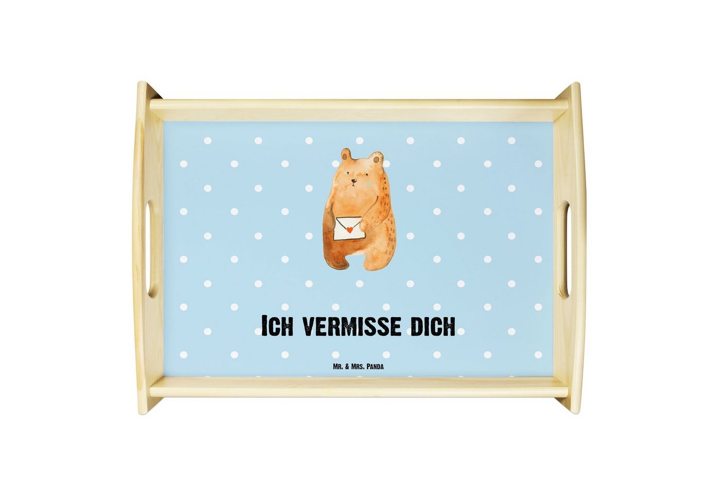 Mr. & Mrs. Panda Tablett Bär Vermissen - Blau Pastell - Geschenk, Liebeskummer, Dekotablett, F, Echtholz lasiert, (1-tlg), Anti-Rutsch Pads von Mr. & Mrs. Panda