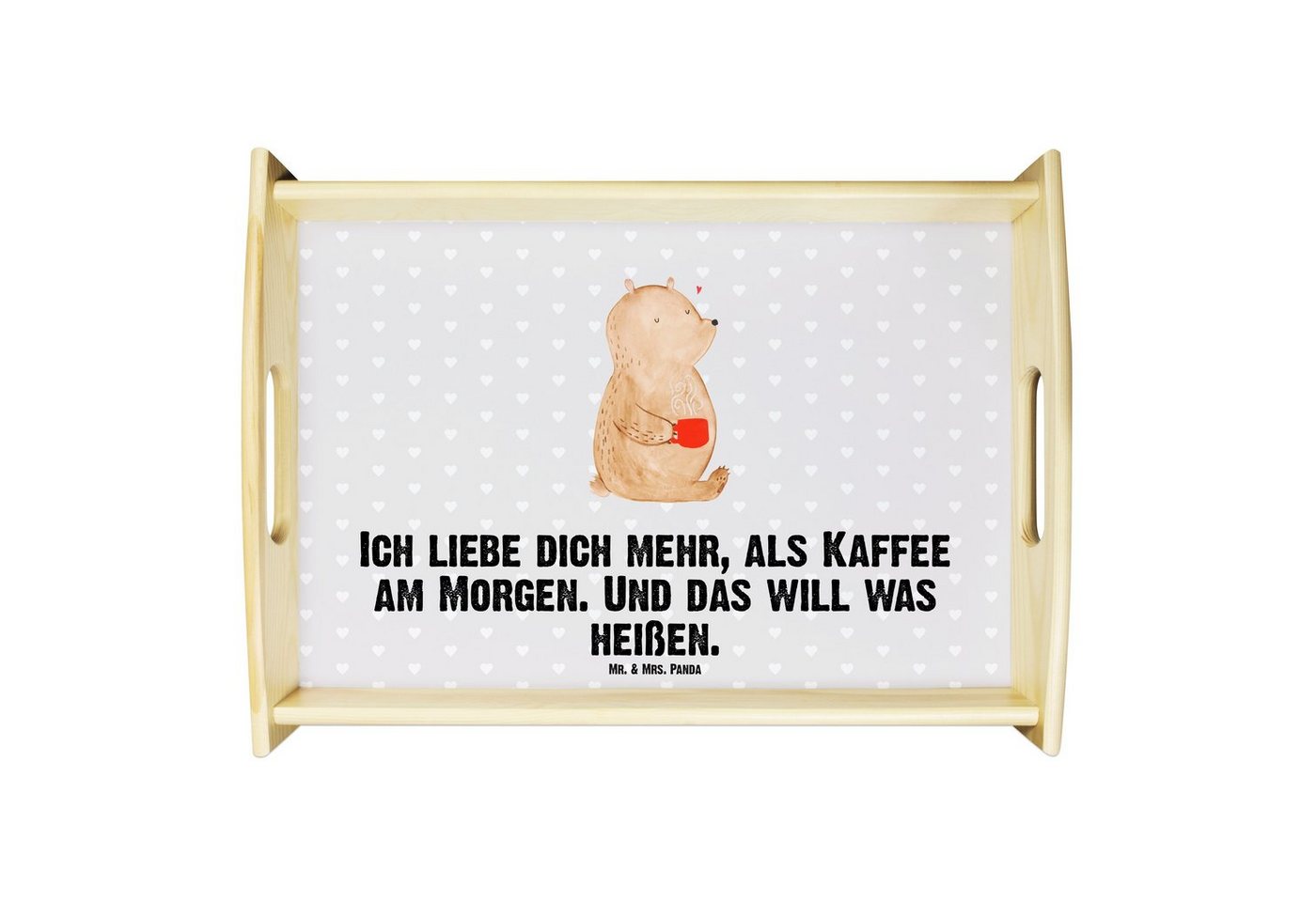 Mr. & Mrs. Panda Tablett Bär Morgenkaffee - Grau Pastell - Geschenk, Freund, Frühstückstablett, Echtholz lasiert, (1-tlg), Kratzfeste Oberfläche von Mr. & Mrs. Panda