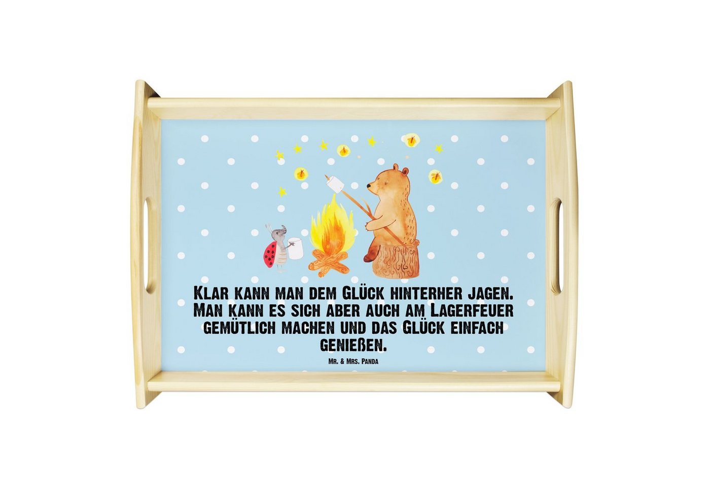 Mr. & Mrs. Panda Tablett Bär & Marienkäfer Lagerfeuer - Blau Pastell - Geschenk, Tablett, Tedd, Echtholz lasiert, (1-tlg), Anti-Rutsch Pads von Mr. & Mrs. Panda