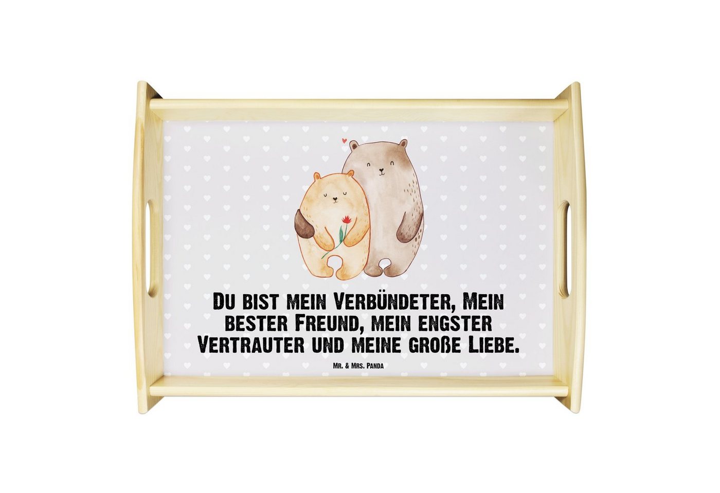 Mr. & Mrs. Panda Tablett Bären Liebe - Grau Pastell - Geschenk, Freundin, Blume, Geschenk Freu, Echtholz lasiert, (1-tlg), Kratzfeste Oberfläche von Mr. & Mrs. Panda
