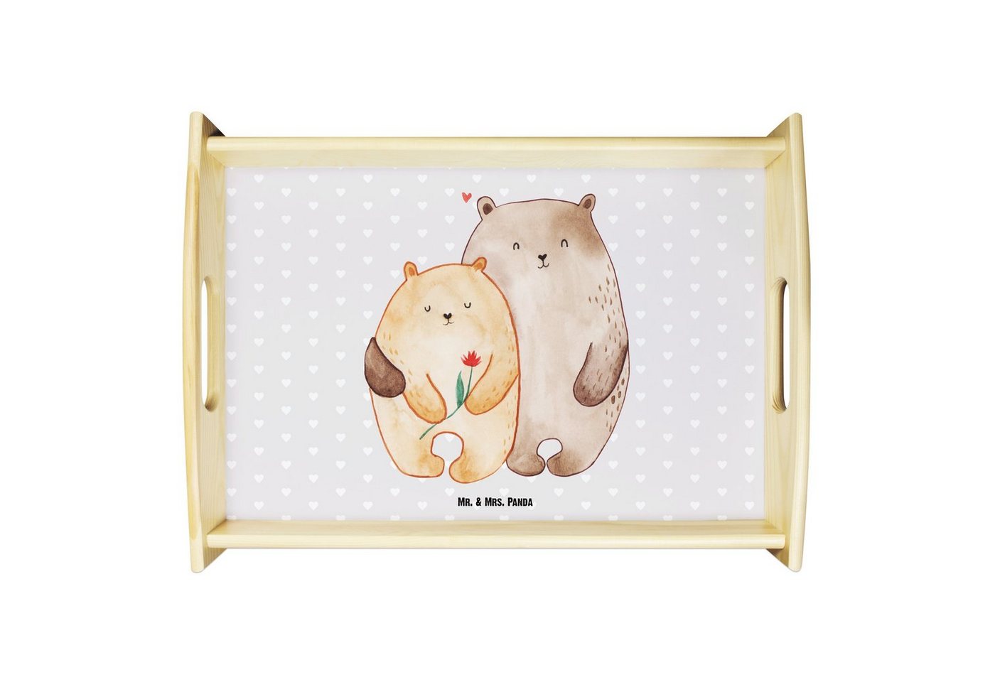 Mr. & Mrs. Panda Tablett Bären Liebe - Grau Pastell - Geschenk, Tablett, Hochzeitstag, Holztab, Echtholz lasiert, (1-tlg), Kratzfeste Oberfläche von Mr. & Mrs. Panda