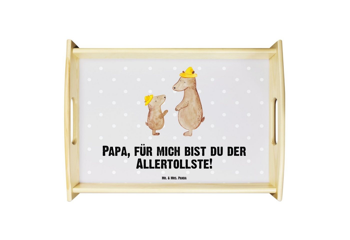 Mr. & Mrs. Panda Tablett Bären mit Hut - Grau Pastell - Geschenk, bester Vater, Vater-Sohn, Va, Echtholz lasiert, (1-tlg), Anti-Rutsch Pads von Mr. & Mrs. Panda