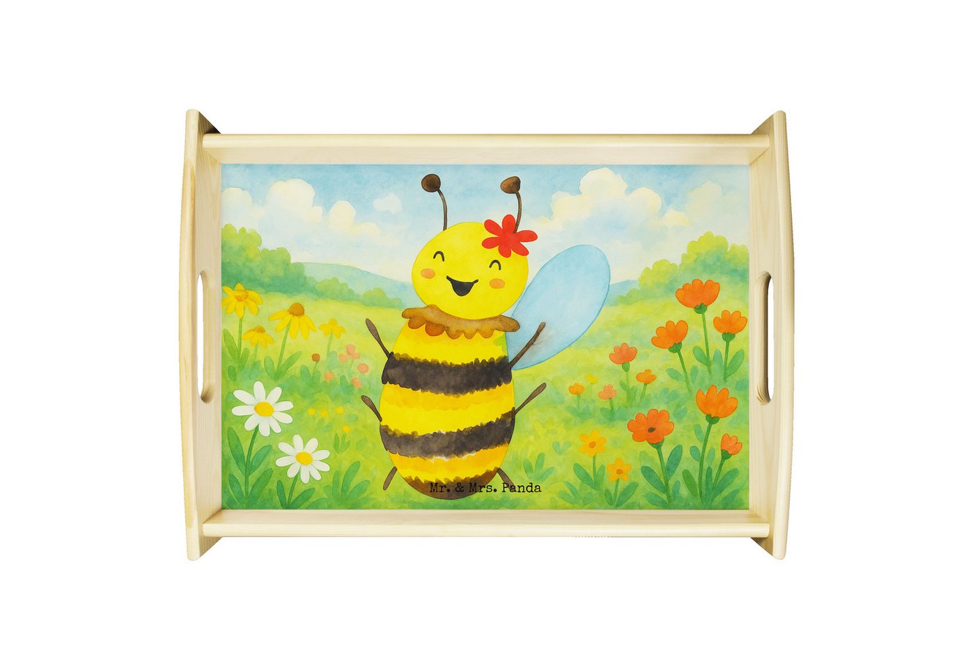 Mr. & Mrs. Panda Tablett Biene Happy Design, betttablett, Weiß, Holztablett, Serviertablett, b, Echtholz lasiert, (Packung, 1-tlg) von Mr. & Mrs. Panda
