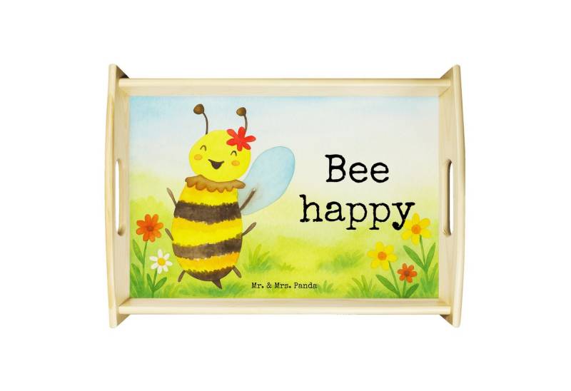 Mr. & Mrs. Panda Tablett Biene Happy Design, betttablett, Weiß, Servier Tablett, Holztablett, Echtholz lasiert, (Packung, 1-tlg) von Mr. & Mrs. Panda